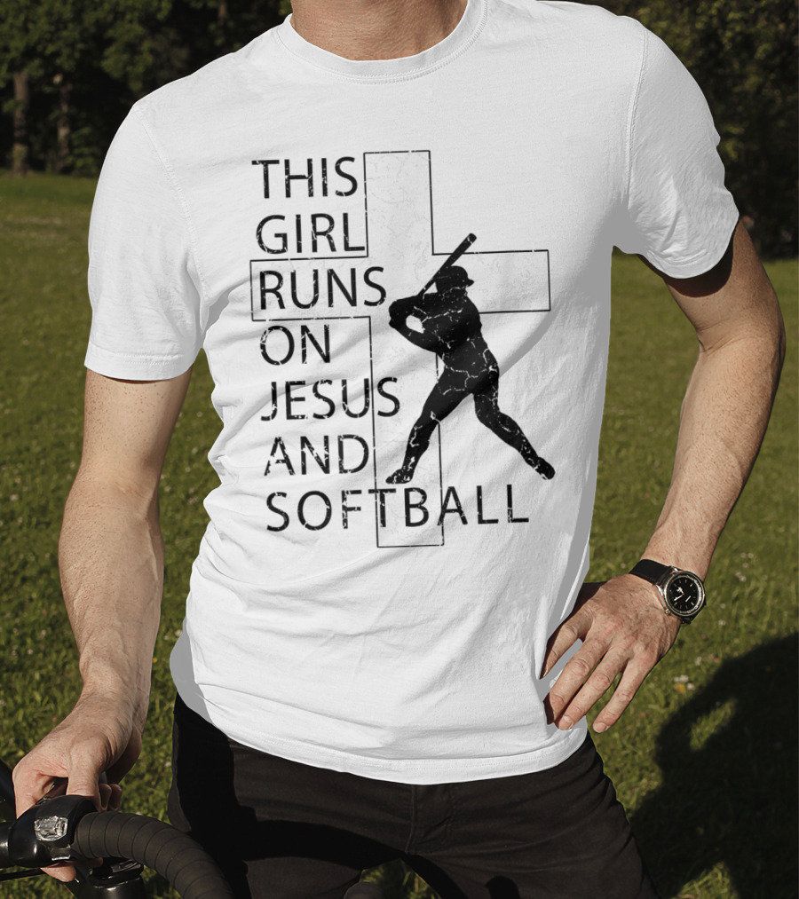 This Girl Runs On Jesus And Softball Silhouette With Cross T-Shirt