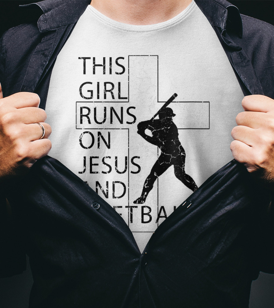 This Girl Runs On Jesus And Softball Silhouette With Cross T-Shirt