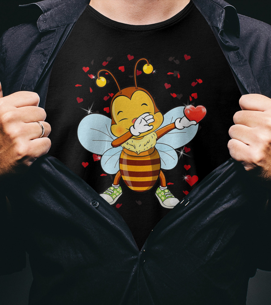Valentine Bee Dabbing Holding Heart Surrounded By Hearts And Stars T-Shirt