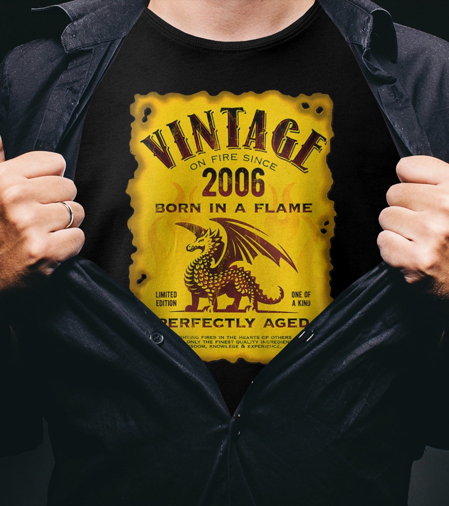 Vintage On Fire Since 2006 Born In A Flame Perfectly Aged One Of A Kind Dragon T-Shirt