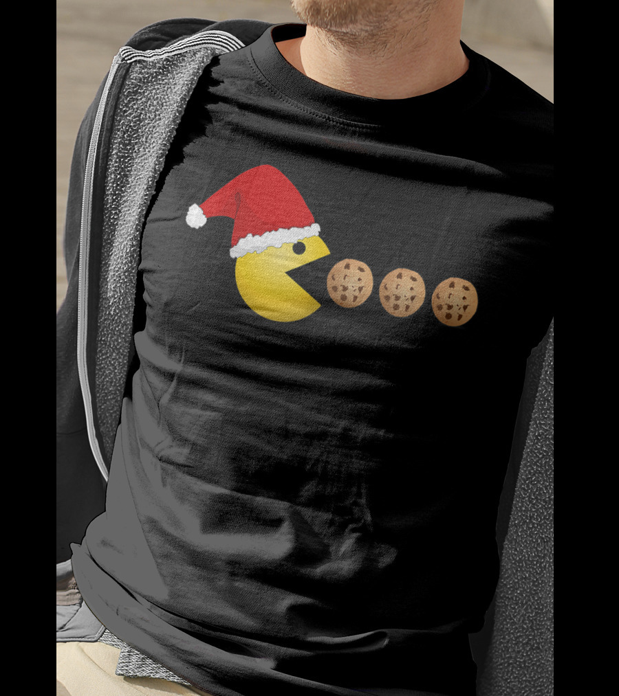 Funny Christmas Santa Pac-Man Cookies Classic Video Game T-Shirt