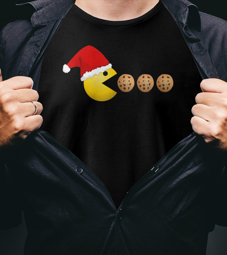 Funny Christmas Santa Pac-Man Cookies Classic Video Game T-Shirt