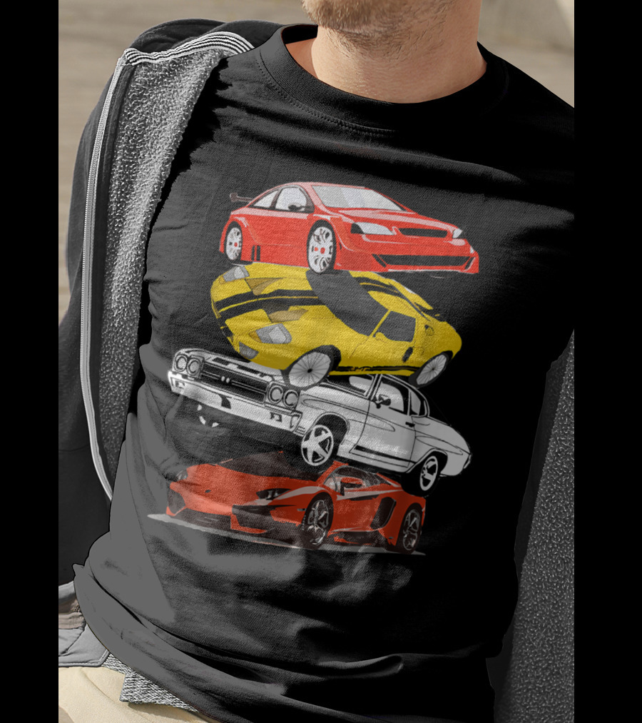 Funny Classic Cars Stacked Red Yellow Black White Racing Cars T-Shirt