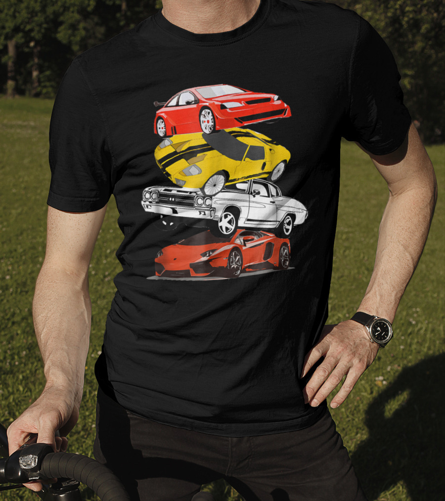 Funny Classic Cars Stacked Red Yellow Black White Racing Cars T-Shirt
