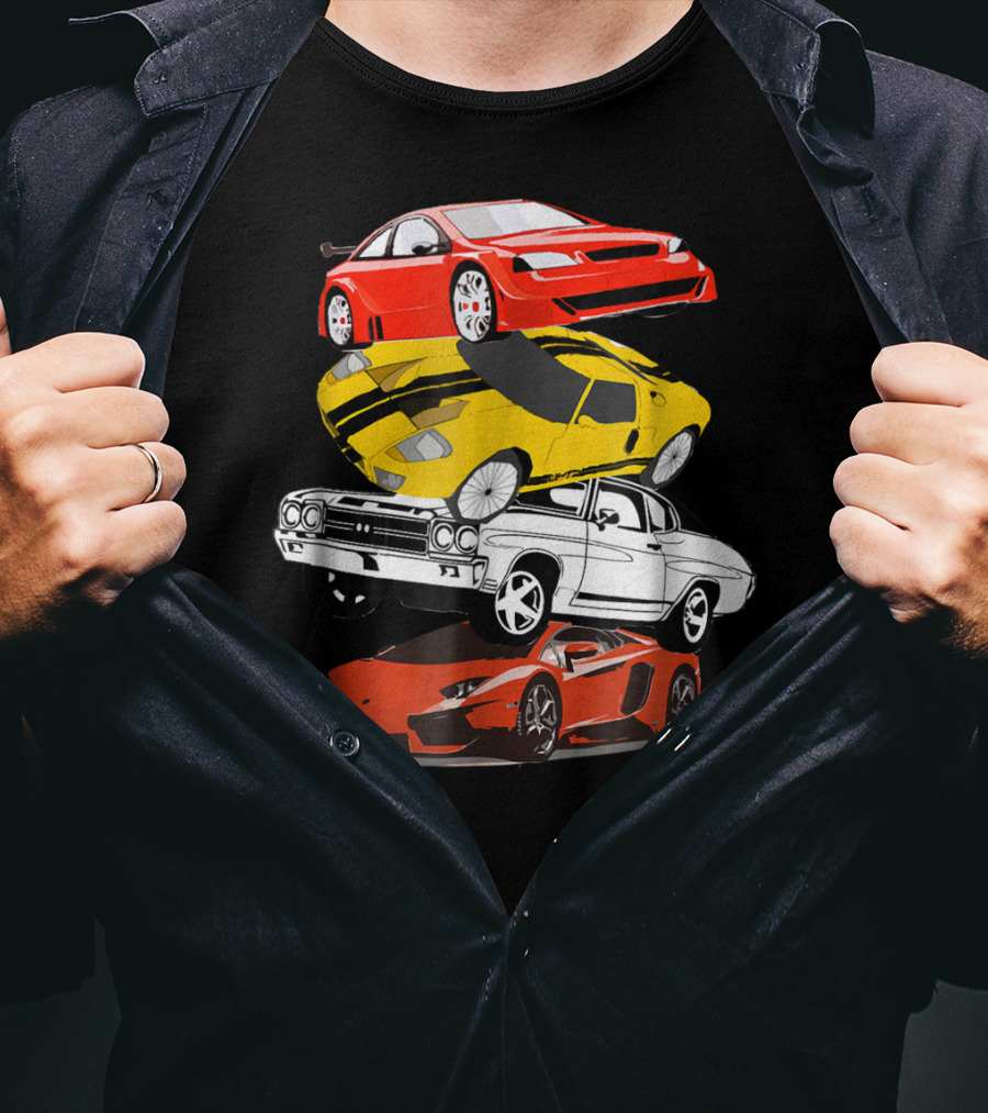 Funny Classic Cars Stacked Red Yellow Black White Racing Cars T-Shirt