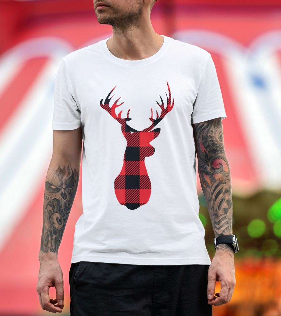 Buffalo Plaid Red Black Christmas Deer T-Shirt
