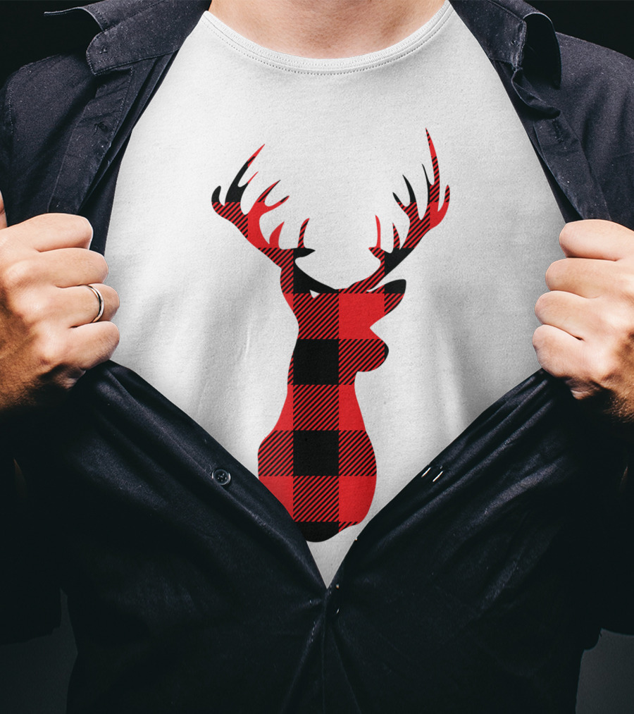 Buffalo Plaid Red Black Christmas Deer T-Shirt