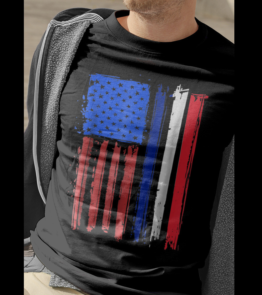 Half French American Flag Classic Patriot Stars And Stripes Paint T-Shirt