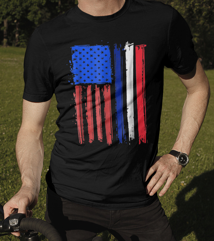 Half French American Flag Classic Patriot Stars And Stripes Paint T-Shirt