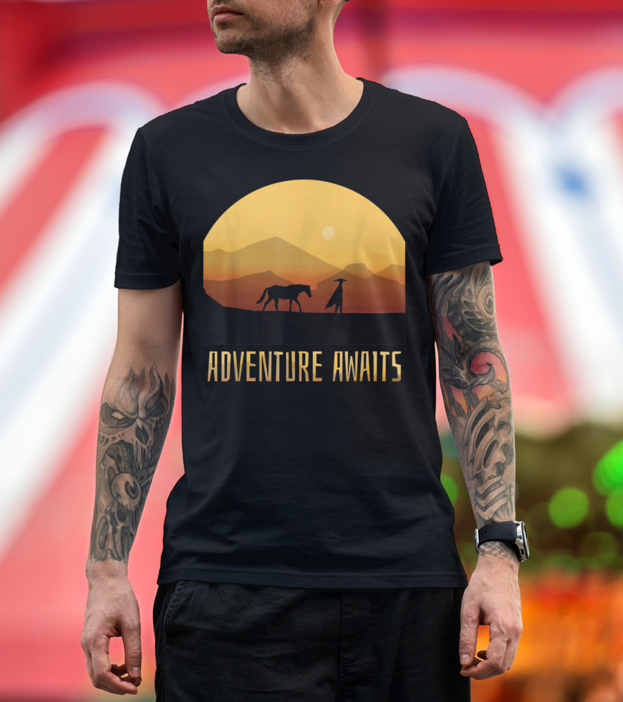 Adventure Awaits Man and Horse at Sunset in Mountain Landscape T-Shirt