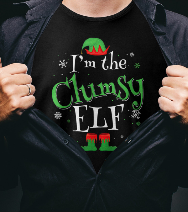 I'm The Clumsy Elf Green Red Hat Snowflakes T-Shirt