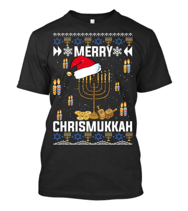 Merry Chrismukkah Menorah Santa Hat Dreidel Candles Snowflakes Stars Coins T-Shirt