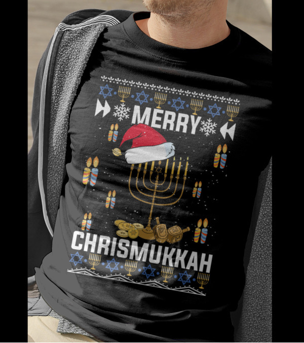 Merry Chrismukkah Menorah Santa Hat Dreidel Candles Snowflakes Stars Coins T-Shirt