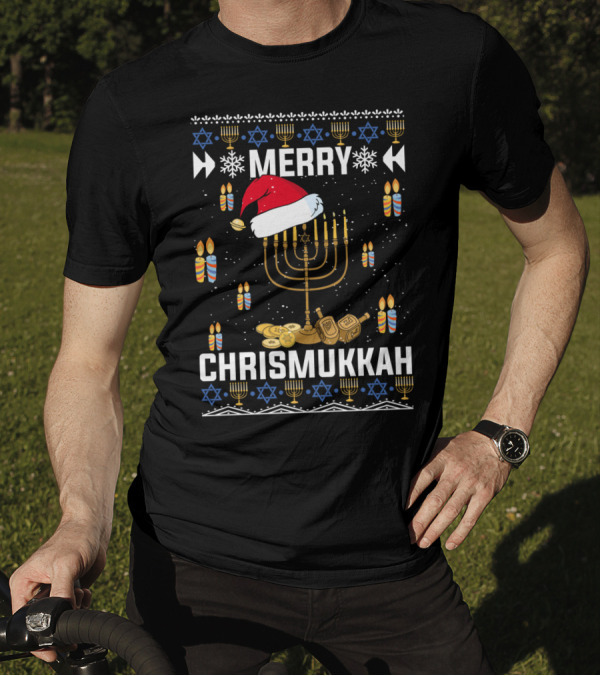 Merry Chrismukkah Menorah Santa Hat Dreidel Candles Snowflakes Stars Coins T-Shirt