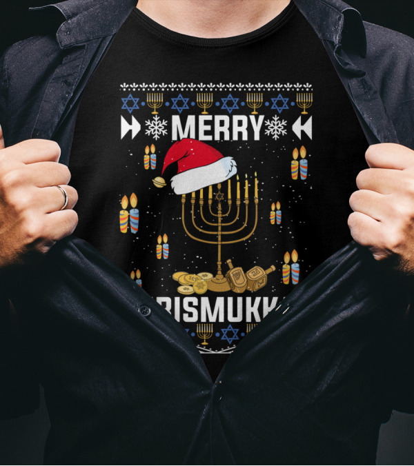 Merry Chrismukkah Menorah Santa Hat Dreidel Candles Snowflakes Stars Coins T-Shirt