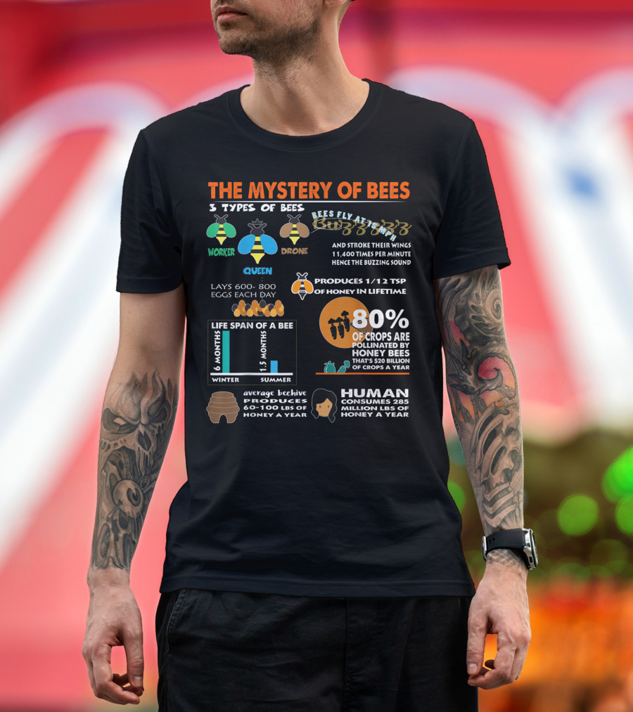 The Mystery of Bees Worker Drone Queen Honey Crops Pollination Facts T-Shirt