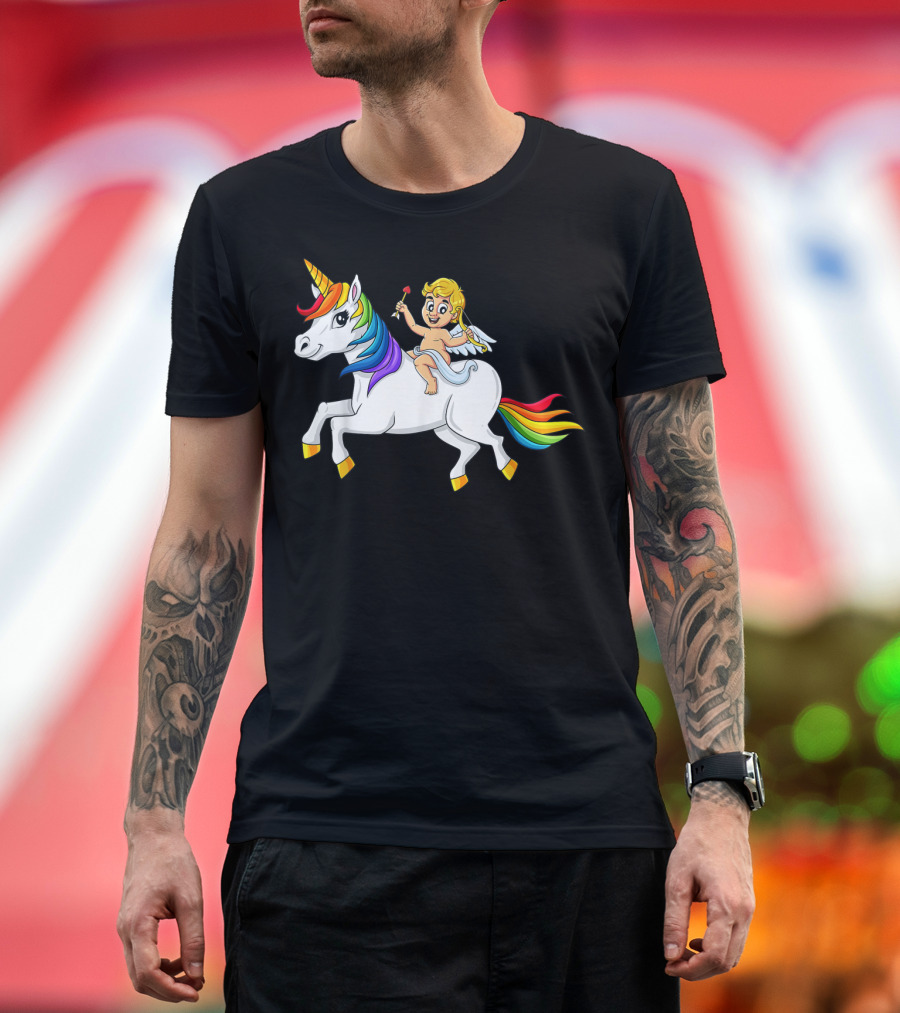 Cupid Riding Rainbow Unicorn T-Shirt
