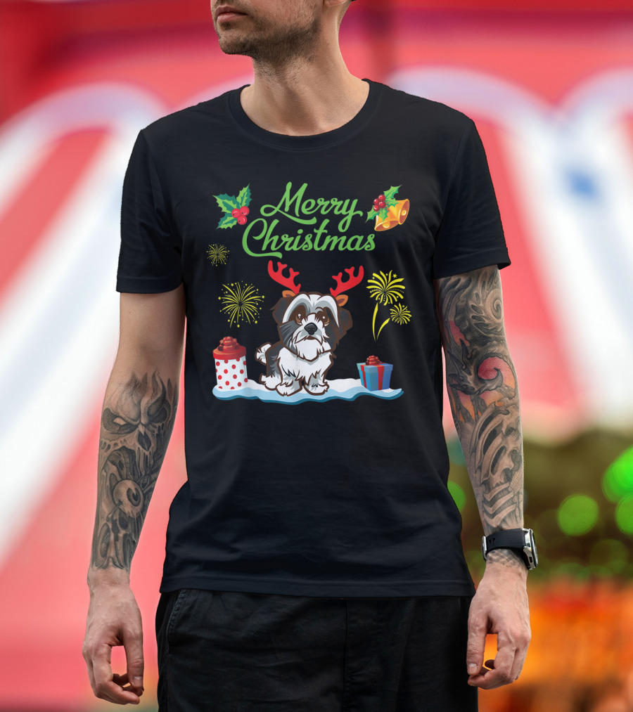 Merry Christmas Dog with Antlers Fireworks and Gifts T-Shirt