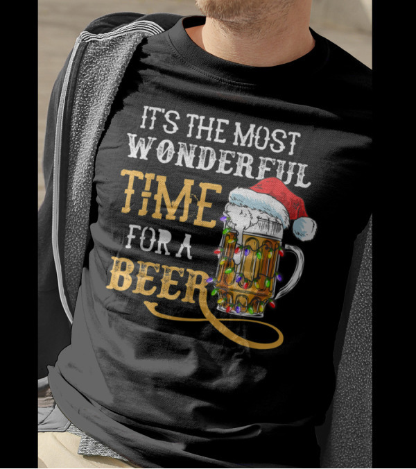 It's The Most Wonderful Time For A Beer With Santa Hat And Christmas Lights T-Shirt