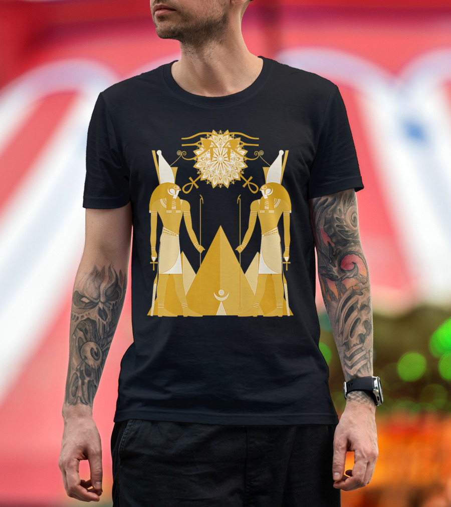 Ancient Egyptian God Horus Kemetic Heru Pyramid Symbolism Suns and Ankh Iconography T-Shirt