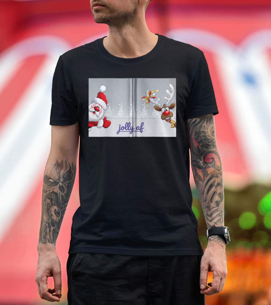 Jolly Af Santa and Reindeer Festive Scene T-Shirt