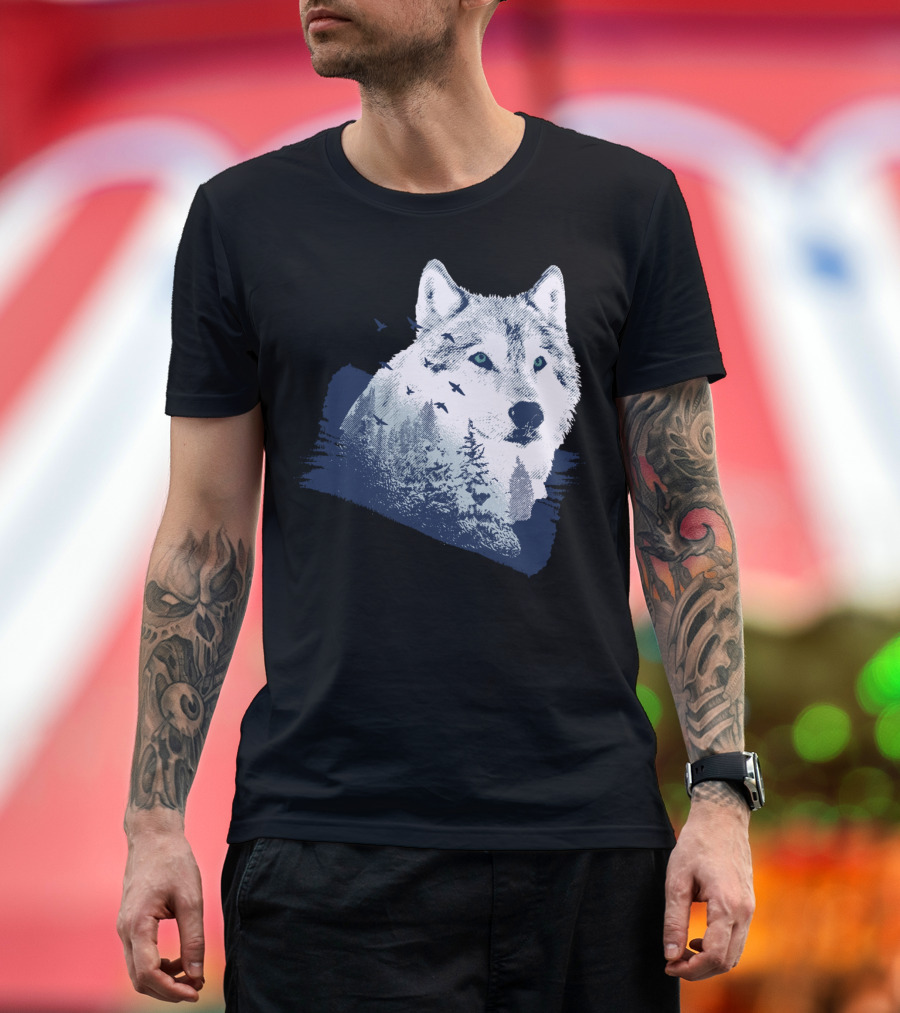 Lone Wolf with Snowy Mountains and Flying Birds T-Shirt