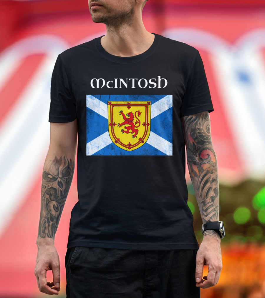 Mcintosh Clan Name with Scotland Flag and Lion Rampant Emblem T-Shirt