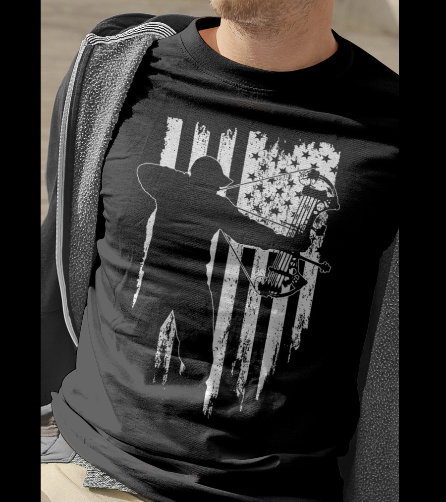 American Patriotic Archer Silhouette With Compound Bow And Flag T-Shirt