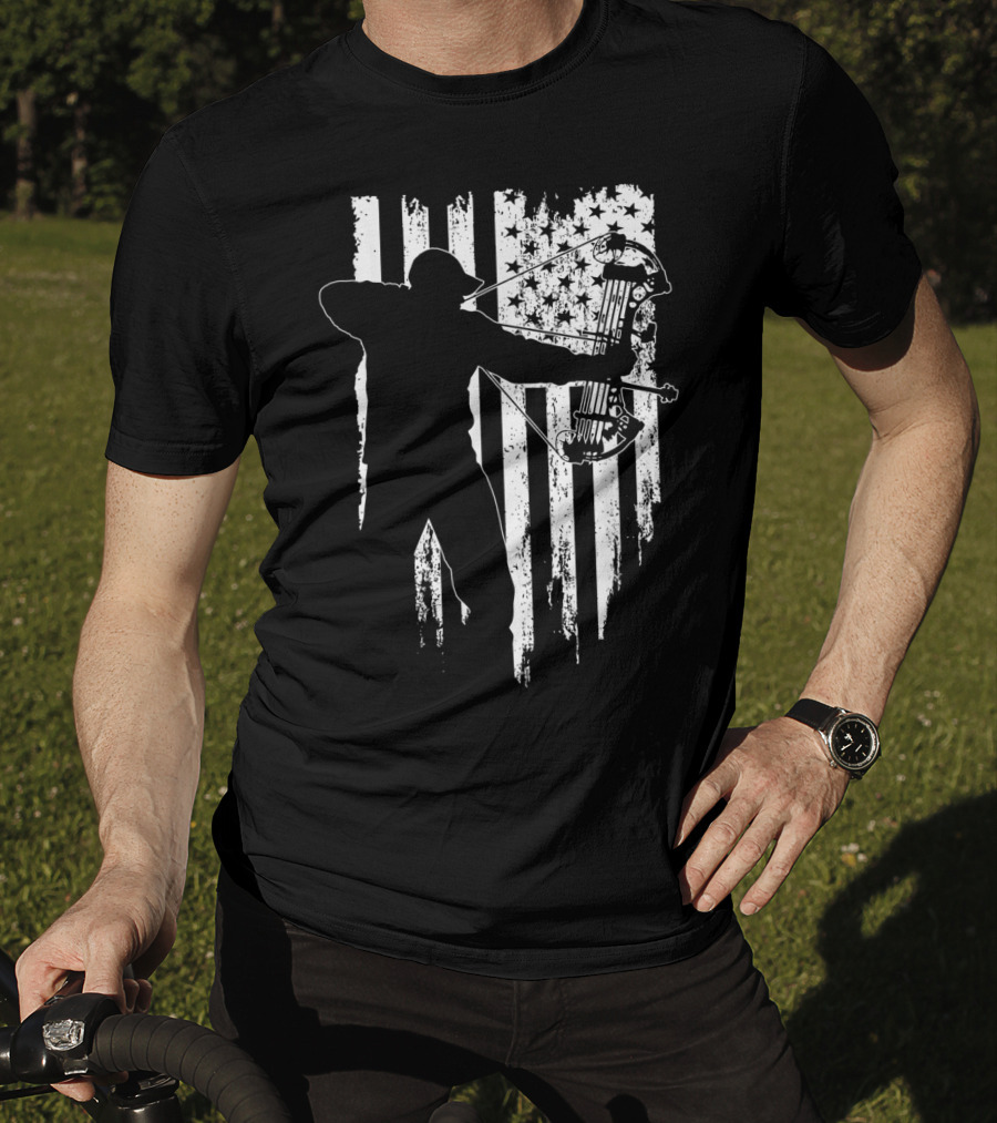 American Patriotic Archer Silhouette With Compound Bow And Flag T-Shirt