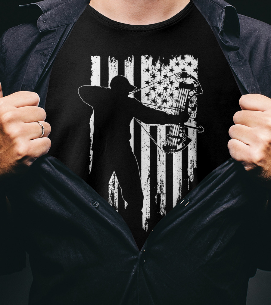 American Patriotic Archer Silhouette With Compound Bow And Flag T-Shirt