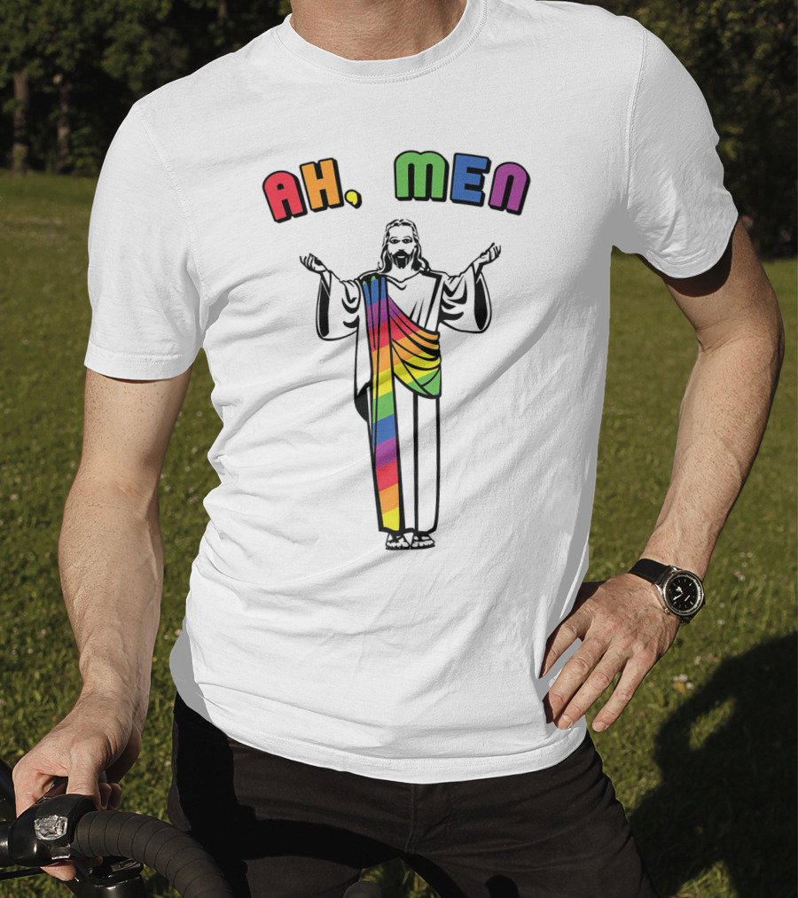 Ah Men Funny Gay Jesus Rainbow Pride T-Shirt