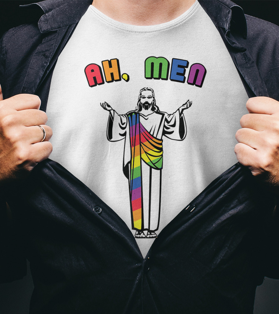 Ah Men Funny Gay Jesus Rainbow Pride T-Shirt