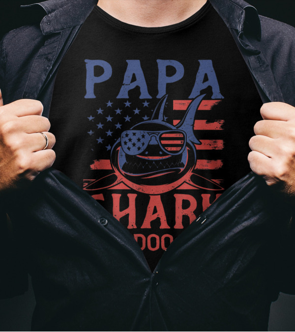 Papa Shark Doo Doo Doo American Flag Sunglasses T-Shirt