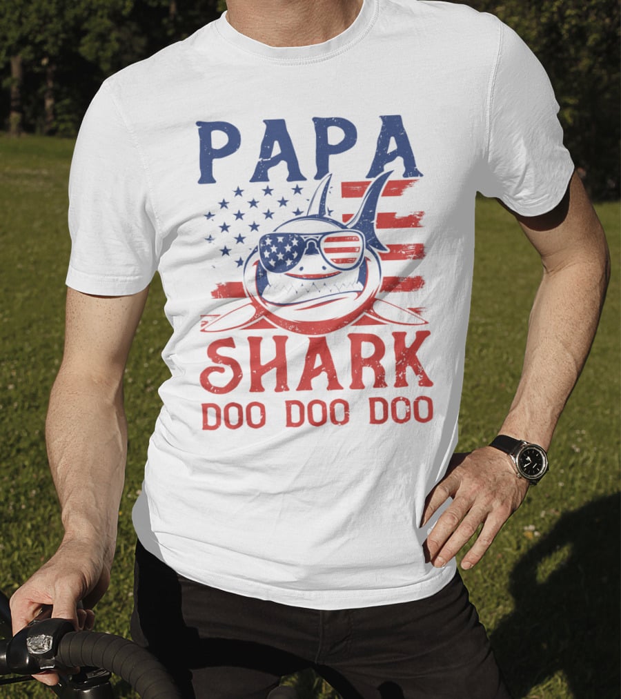 Papa Shark Doo Doo Doo American Flag Sunglasses T-Shirt