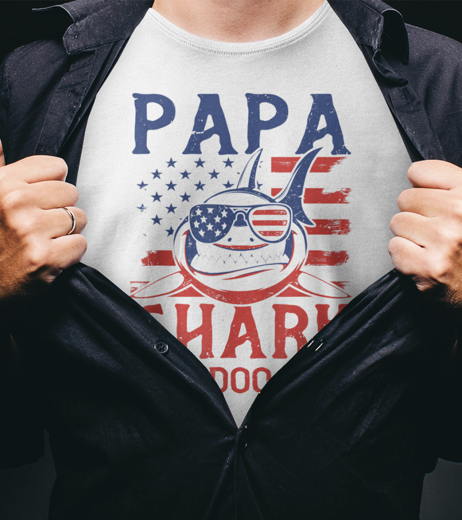 Papa Shark Doo Doo Doo American Flag Sunglasses T-Shirt