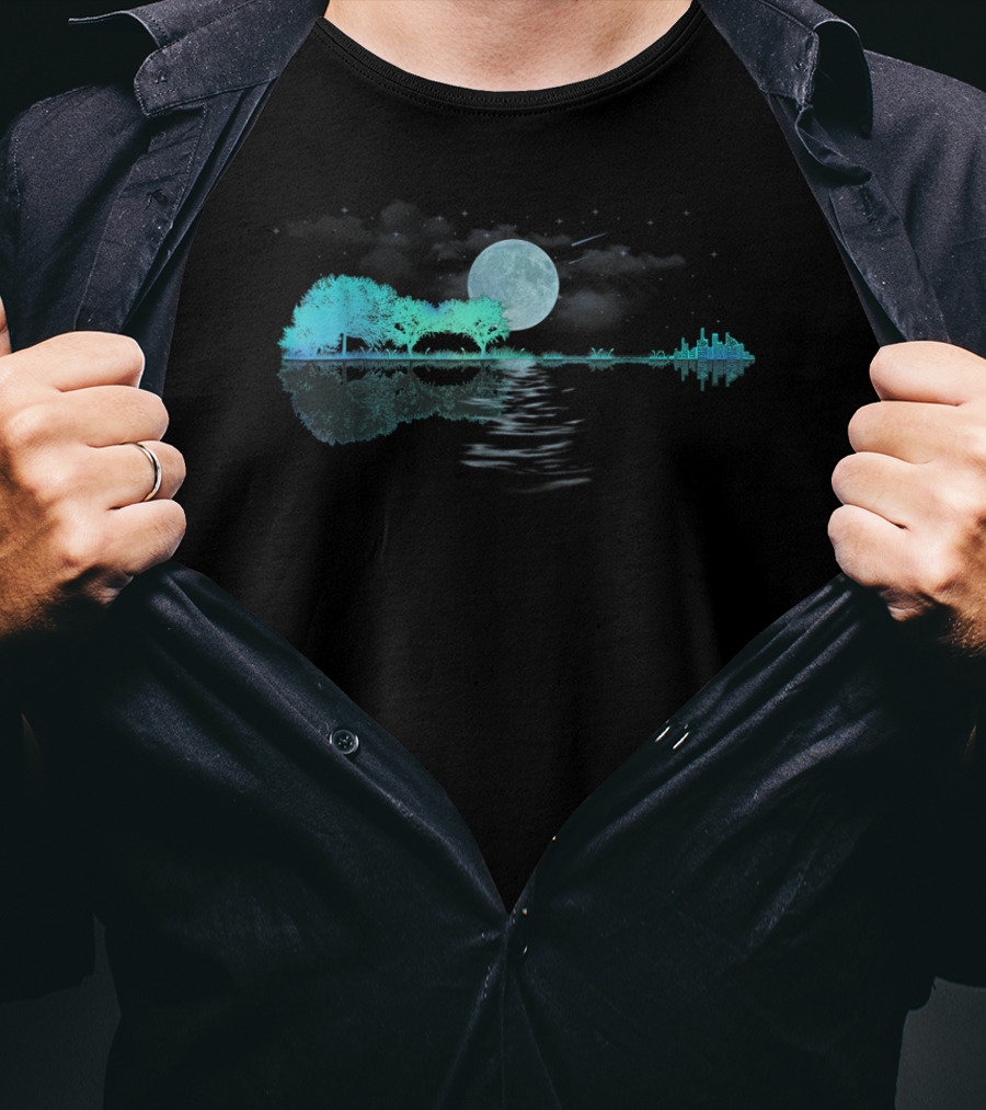 Acoustic Guitar Player Birthday Moonlit Lake Scene T-Shirt