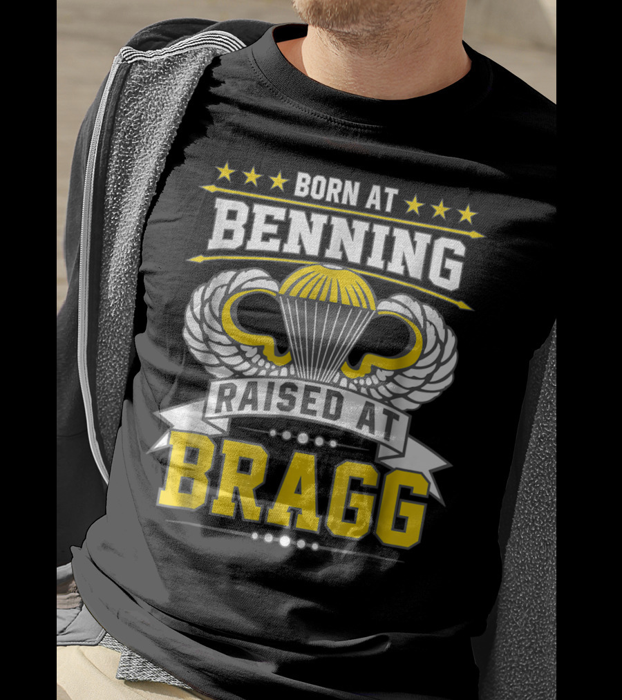 Born At Benning Raised At Bragg Airborne Paratrooper Wings T-Shirt