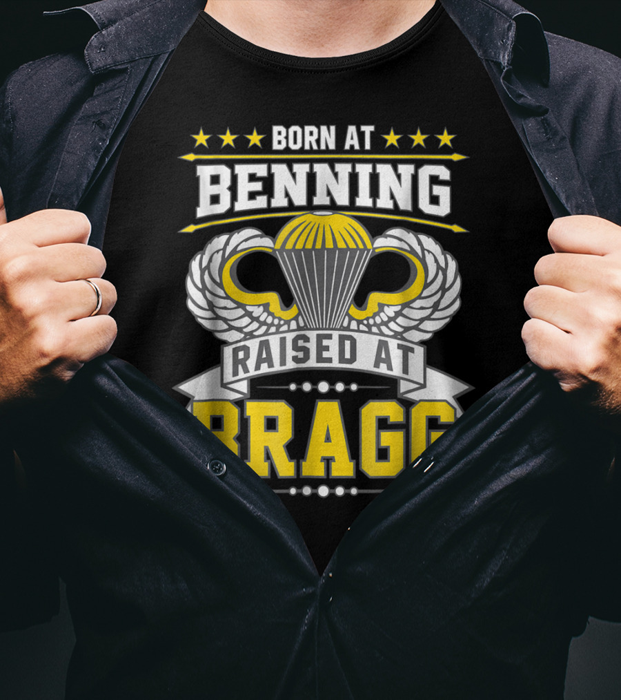 Born At Benning Raised At Bragg Airborne Paratrooper Wings T-Shirt
