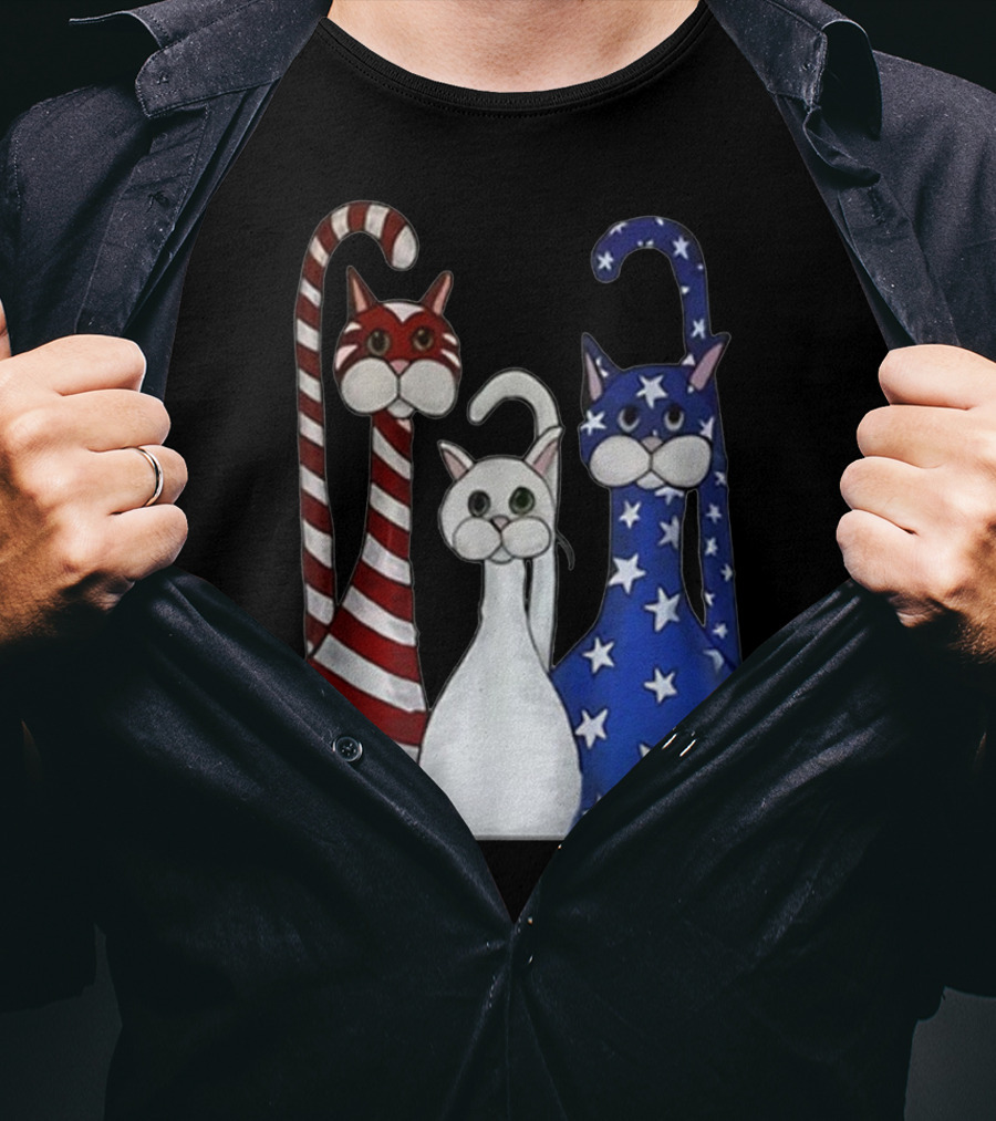 Cat American Flag USA Paws Patriotic Red White Blue Stars Stripes T-Shirt