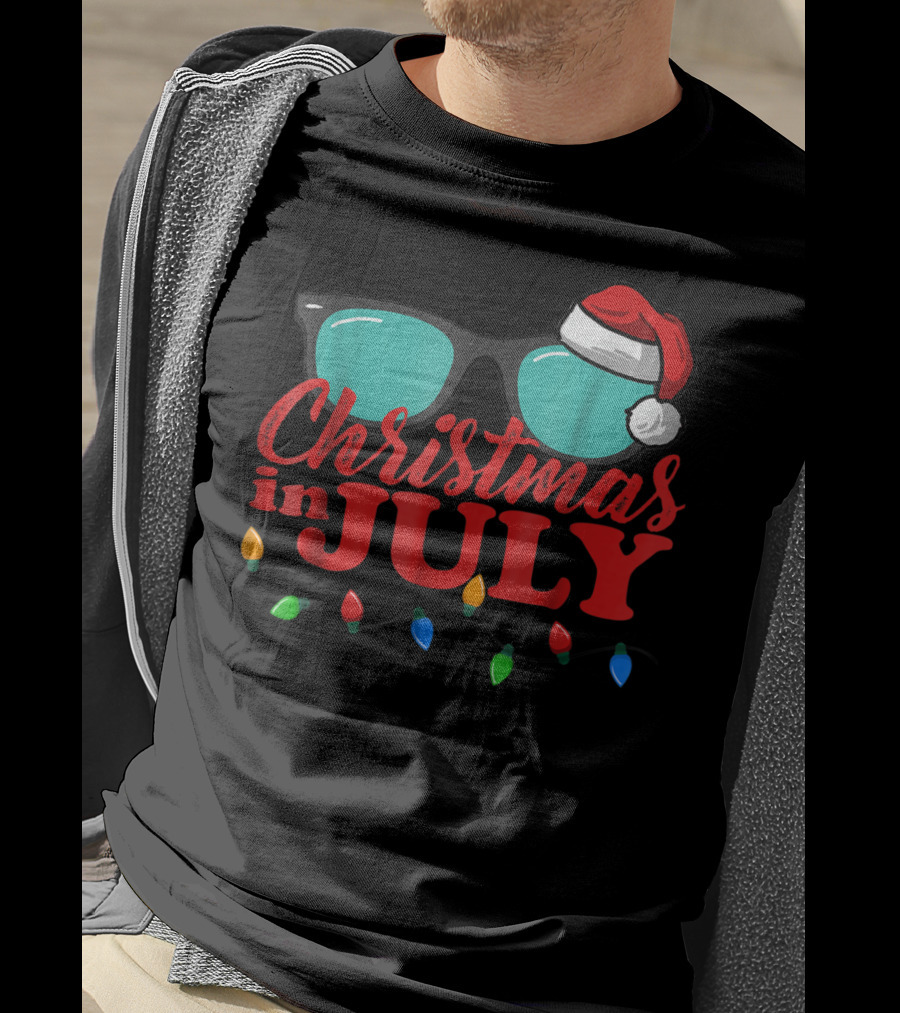Christmas In July Santa Hat Sunglasses Summer Lights T-Shirt
