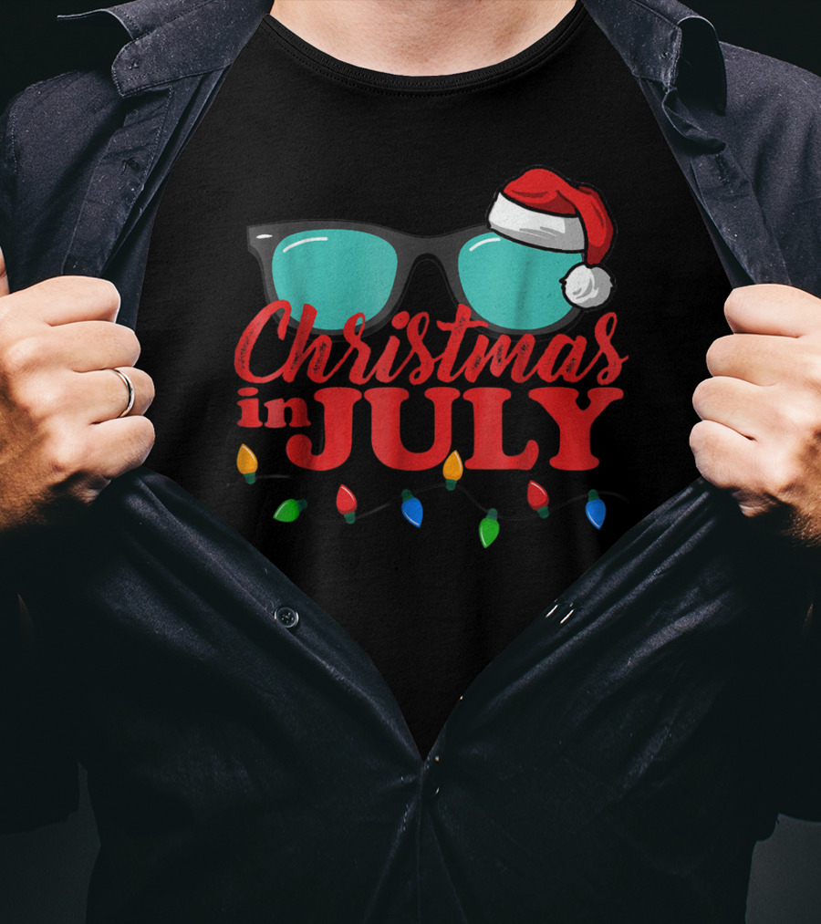 Christmas In July Santa Hat Sunglasses Summer Lights T-Shirt