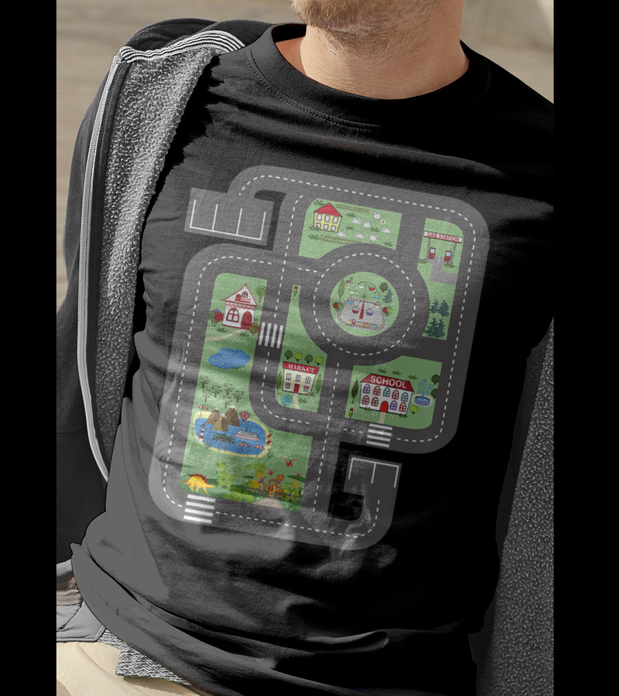 Cool Play Mat Race Car Track On Dad With Dinosaurs School Farm Playground T-Shirt