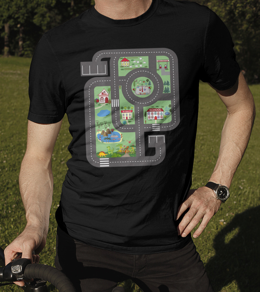 Cool Play Mat Race Car Track On Dad With Dinosaurs School Farm Playground T-Shirt