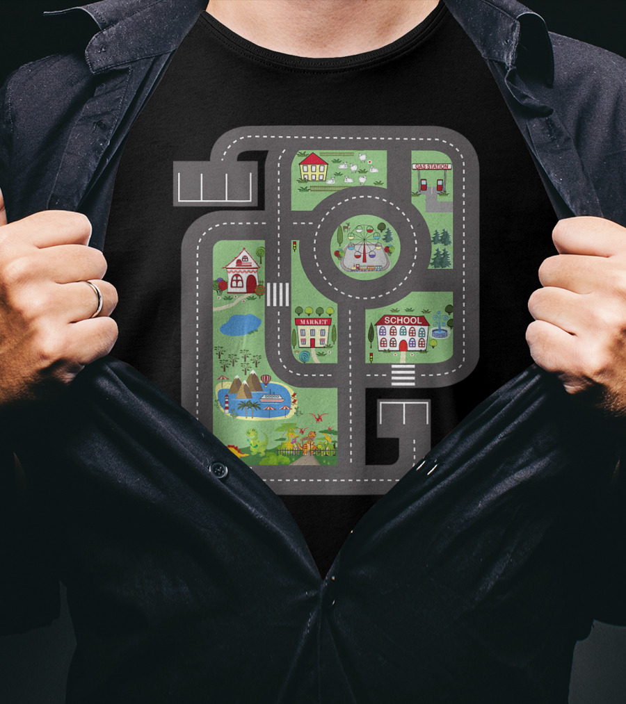 Cool Play Mat Race Car Track On Dad With Dinosaurs School Farm Playground T-Shirt