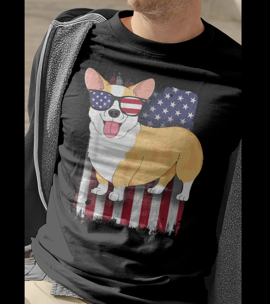 Corgi With Sunglasses American Flag Background T-Shirt