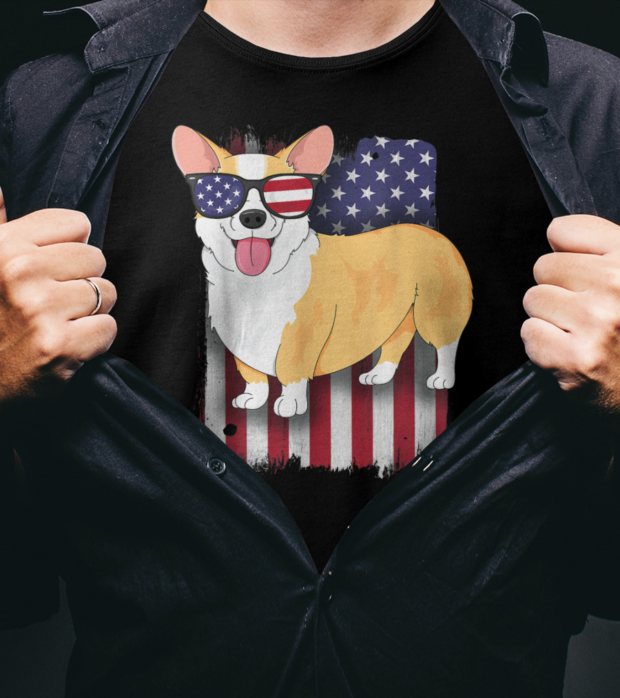 Corgi With Sunglasses American Flag Background T-Shirt