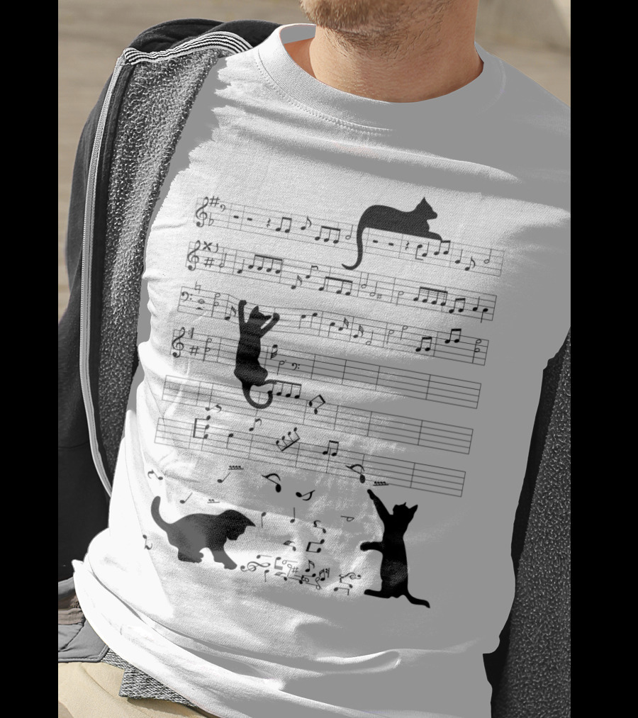 Cute Cat Kitty Climbing And Sitting With Music Notes And Clef T-Shirt