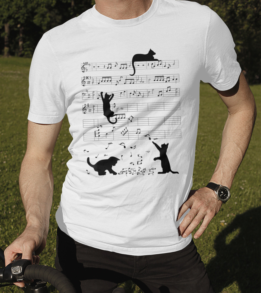 Cute Cat Kitty Climbing And Sitting With Music Notes And Clef T-Shirt