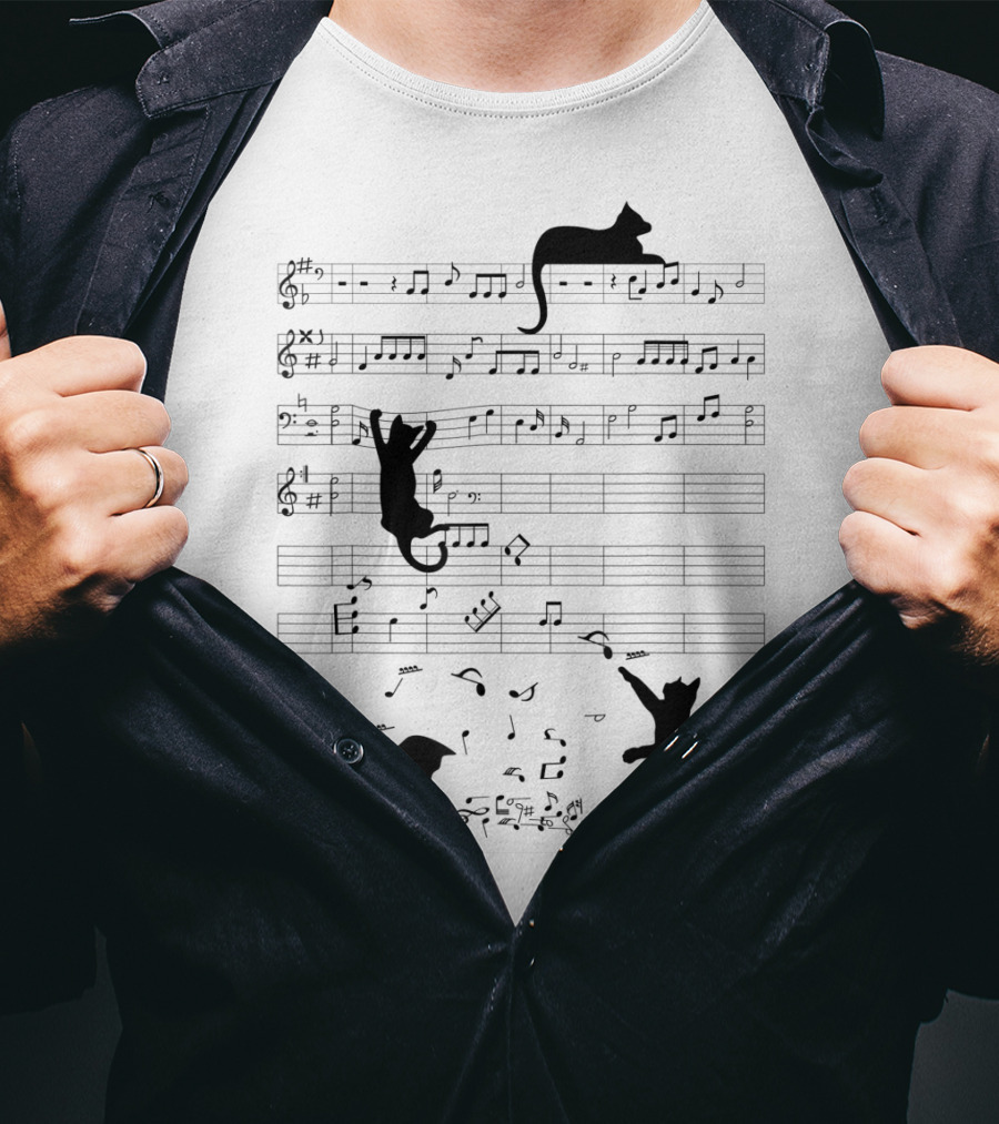 Cute Cat Kitty Climbing And Sitting With Music Notes And Clef T-Shirt