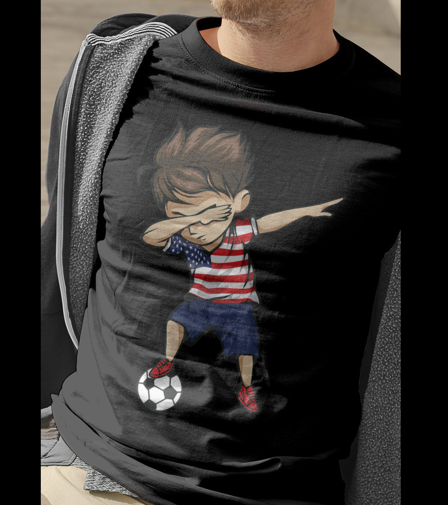 Dabbing Soccer Boy In American Flag Jersey With Soccer Ball T-Shirt